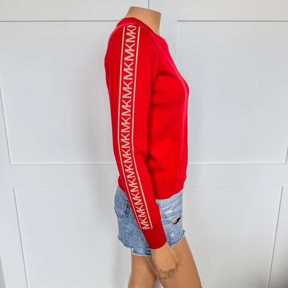 Michael Kors, Original Red Crewneck Sweater w Gold MK on Arms-Women’s Size Small - Picture 3 of 8
